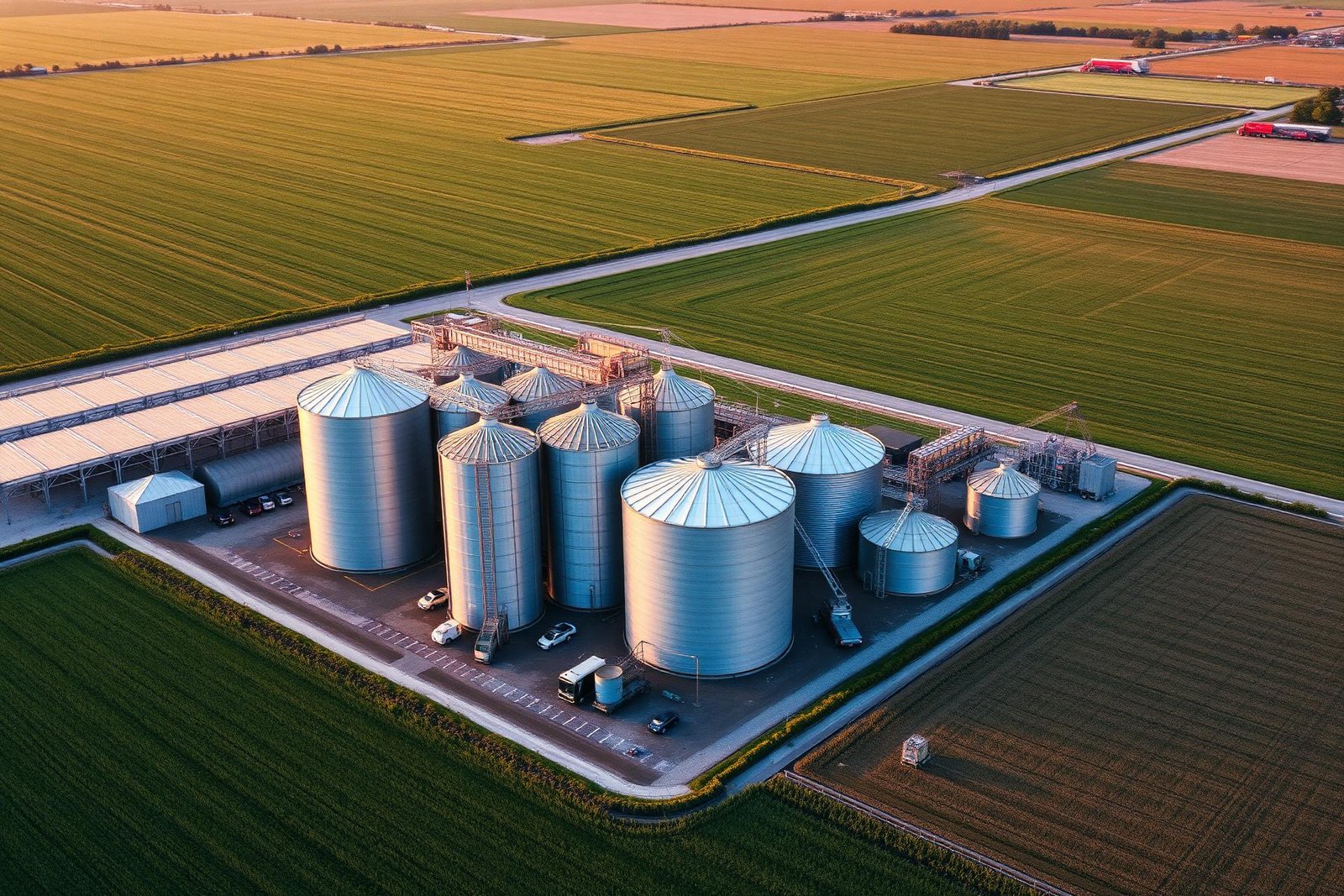 Modern agricultural grain storage silos aerial view